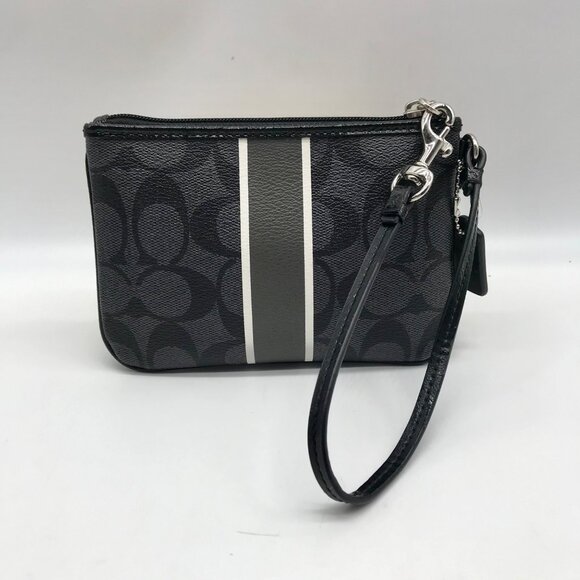 Coach Gray and Black Signature Coated Canvas Striped Corner Zip Wristlet - Picture 2 of 10